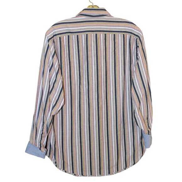 Thomas Dean Button Down Shirt Mens M Flip Cuff Orange Purple Stripe Cotton - Picture 2 of 9